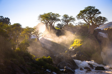 Misty sunrise on Epupa falls - Kunene river - Namibia - Angola border - obrazy, fototapety, plakaty