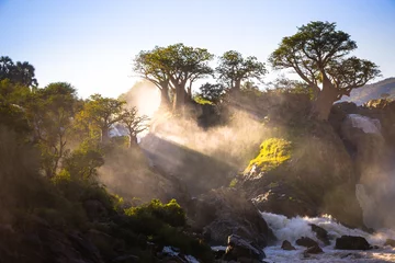 Gordijnen Misty sunrise on Epupa falls - Kunene river - Namibia - Angola border © Radek