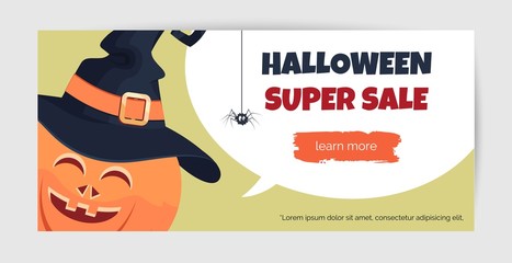 Halloween super sale offer design template. Halioween background with holiday symbols and speech bubble. Vector illustration.