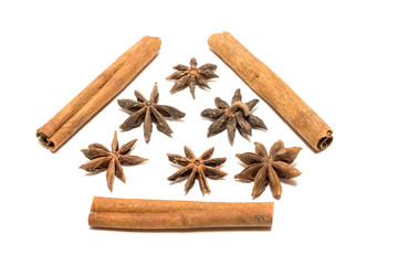 Anise and cinnamon on white background