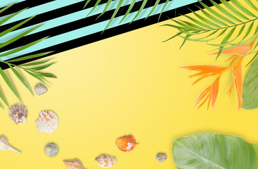 Fototapeta na wymiar Seashells with tropical leaves and striped turquoise black frame on yellow background. Summer beach concept
