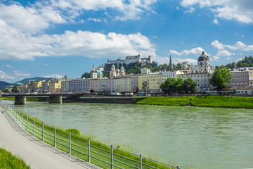 Fototapeta premium View of Salzach, where Salzburg is located, Austria