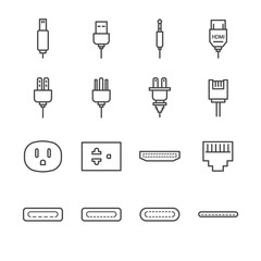 Plug and socket line icon set. Included the icons as electrical plug, usb, socket, audio jack, receptacle and more.