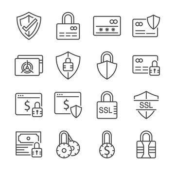 Secure payment line icon set. Included the icons as credit cad, safe, protection, ssl, encryption and more.