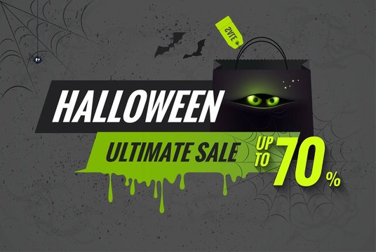 Halloween sale black and green  banner. Mobile banner for online shopping. Halloween poster designs with halloween symbols and text. Vector illustration.