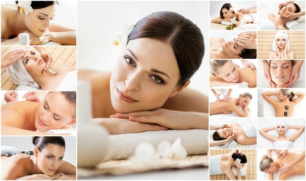 Massage and healing  collection. Many different pictures of women relaxing in spa. Health and therapy concept.