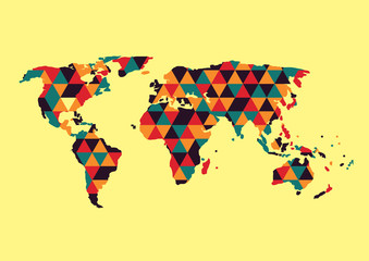 Abstract geometric shapes retro pattern background with Global network connection. World map point and line composition concept of global business.