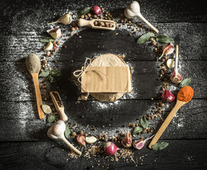 Spices on black background space for text