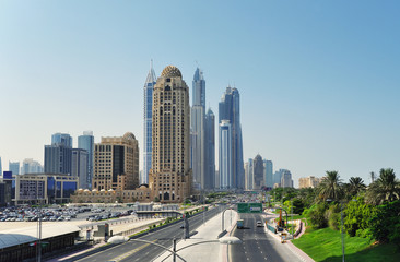 Futuristic buildings in Dubai Marina.