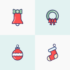 Christmas and New Year thin line decoration: bell, decorative ball, sock, garland  for web page, banner, invitation, greeting card, print media. Vector illustration.