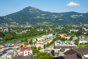 Obraz premium View of Salzburg from the Hohensalzburg Fortress, a famous tourist city in Austria