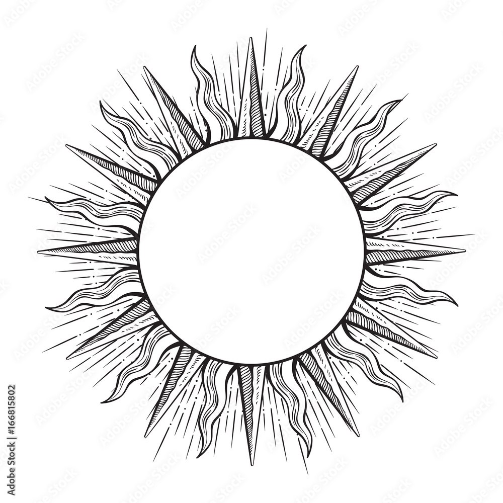 Wall mural hand drawn etching style frame in a shape of sun rays vector illustration