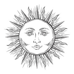 Antique style hand drawn art sun. Boho chic tattoo design vector