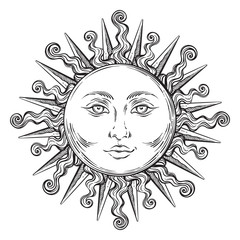 Antique style hand drawn art sun. Boho chic tattoo design vector