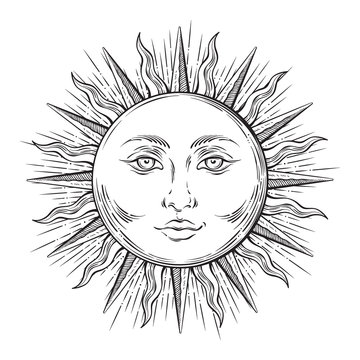 Antique style hand drawn art sun. Boho chic tattoo design vector
