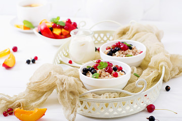 Tasty and healthy oatmeal porridge with berry and flax seeds. Healthy breakfast. Fitness food. Proper nutrition