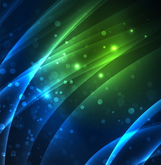 Energy lines, glowing waves in the dark, vector abstract background