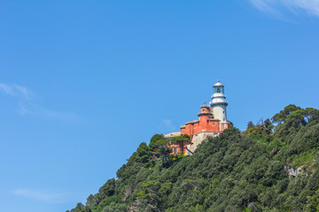 Fototapeta na wymiar Lighthouse on the top of the mountain on the island of Palmaria, Liguria, Italy