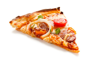 Pizza pepperoni with tomatoes and mushrooms on white background