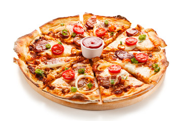 Pizza pepperoni with tomatoes and mushrooms on white background