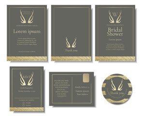 Set of Elegant Golden Wedding Invitation Card.Golden Antler Style.Vector/Illustration 