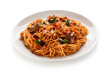 Pasta with meat, tomato sauce and vegetables 
