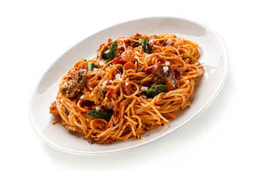 Pasta with meat, tomato sauce and vegetables 