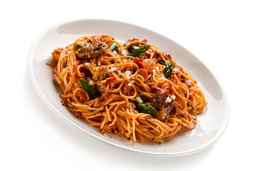 Pasta with meat, tomato sauce and vegetables 