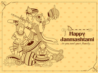 Fototapeta na wymiar Lord Krishna with Hindi text meaning Happy Janmashtami festival of India
