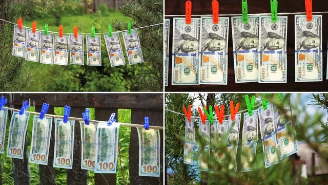 A collage of four clips as hundred-dollar bills hang on a rope and dry in the garden. Split screen.
