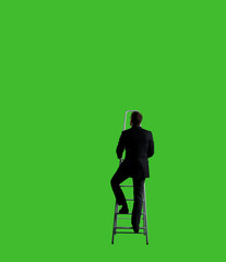 Businessman standing on ladder over chroma key background. Business, career job concept.