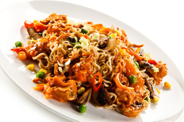 Pasta with meat asian style on white background 