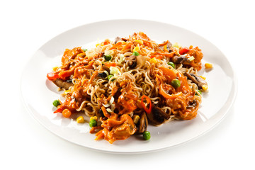 Pasta with meat asian style on white background 