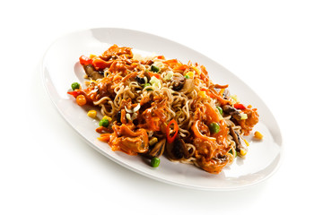 Pasta with meat asian style on white background 
