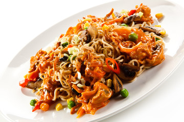 Pasta with meat asian style on white background 