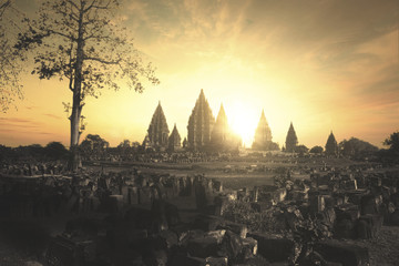 Beautiful sunset at ancient Prambanan temple