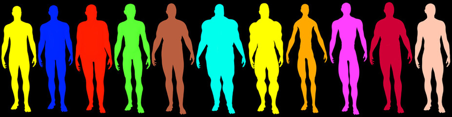 Multicolored collection of male people, 3d rendering as flat 2d ink, cartoon shapes