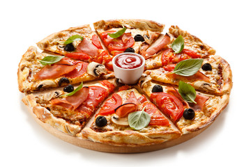 Pizza with ham, tomatoes, mushrooms and olives 