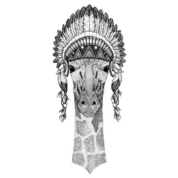 Camelopard, giraffe Wild animal wearing indian hat Headdress with feathers Boho ethnic image Tribal illustraton