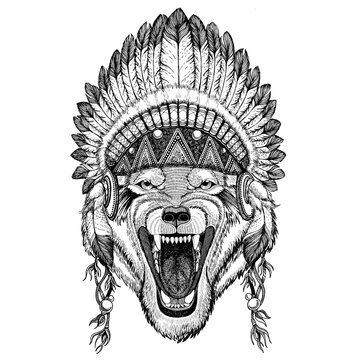 Wolf Dog Wild animal Hand drawn illustration for tattoo, emblem,