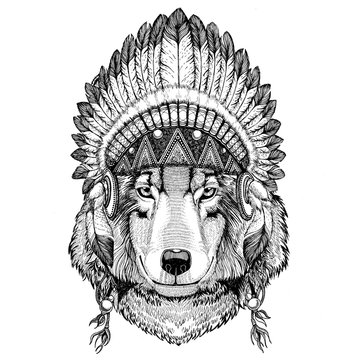 Wolf Dog Wild animal wearing indian hat Headdress with feathers Boho ethnic image Tribal illustraton