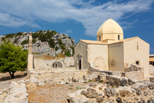 Beautiful view of the beautiful ancient church ag. Skopiotisa, mountain Skopos, Zakinthos, Argassi.
