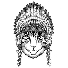 Image of domestic cat Wild animal wearing indian hat Headdress with feathers Boho ethnic image Tribal illustraton