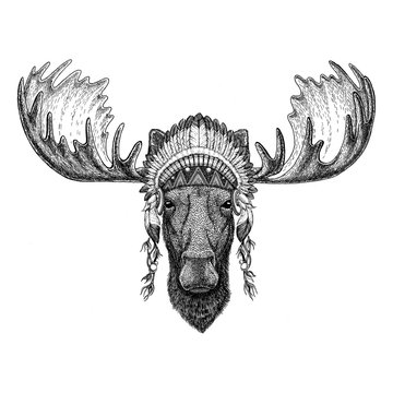 Moose, elk Wild animal wearing indian hat Headdress with feathers Boho ethnic image Tribal illustraton