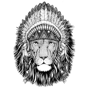 Wild Lion Wild animal wearing indian hat Headdress with feathers Boho ethnic image Tribal illustraton