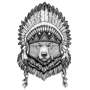 Grizzly bear Big wild bear Wild animal wearing indian hat Headdress with feathers Boho ethnic image Tribal illustraton