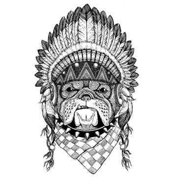 Bulldog Wild animal wearing indian hat Headdress with feathers Boho ethnic image Tribal illustraton
