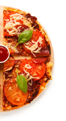 Pizza pepperoni with tomatoes, mushrooms and olives 