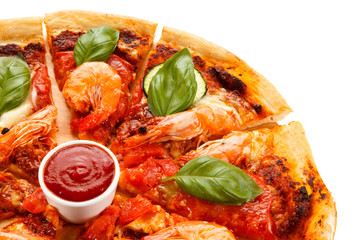 Pizza with shrimps on white background 