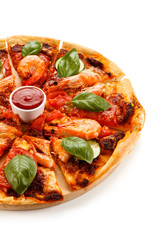 Pizza with shrimps on white background 